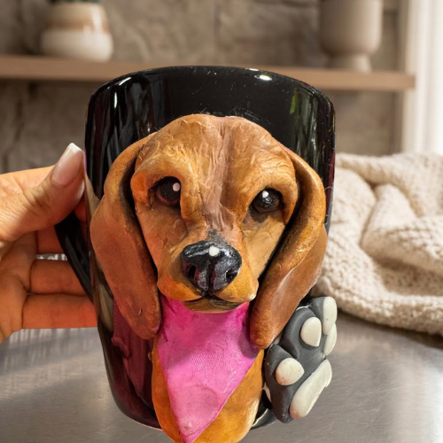 Taza Artesanal 3D "Pet Lover" - Edición Salchicha (Dachshund) con Pañuelo