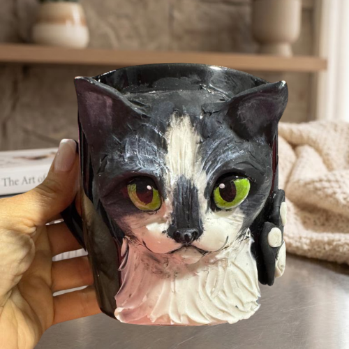 Taza Artesanal 3D "Pet Lover" - Edición Gato Blanco y Negro (Tuxedo)